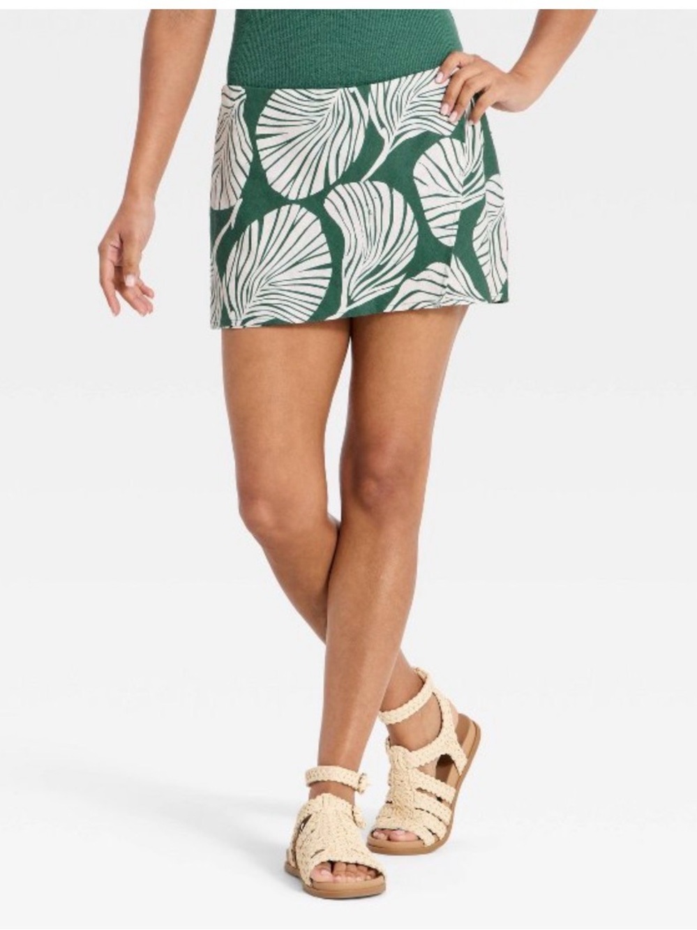 NWT Womenโs Linen Mini Wrap Skirt Green/White Leaf Sz S Tropical Vacation Beach